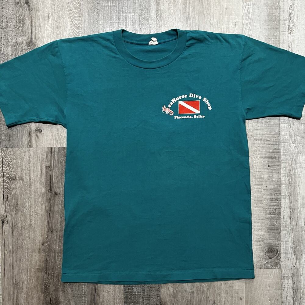 VTG Seahorse Dive Shop Blue 80s 90s Belize Scuba Diving Snorkel Diver T Shirt XL